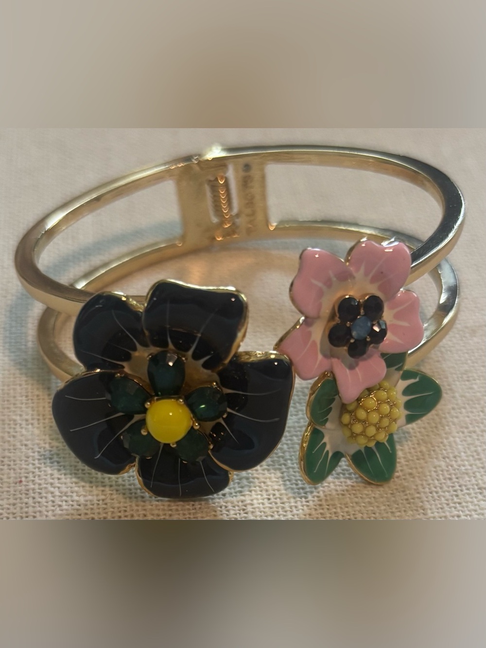 Talbots Gold Tone Floral Hinged Cuff Bracelet Black Pink Enamel Flowers